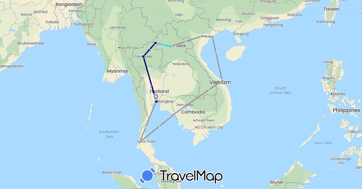 TravelMap itinerary: driving, plane, boat in Laos, Thailand, Vietnam (Asia)